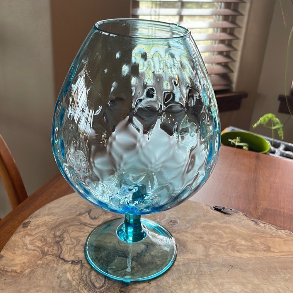 Mid Century Empoli Blue Diamond Optic Hand Blown Glass Brandy Snifter Vase